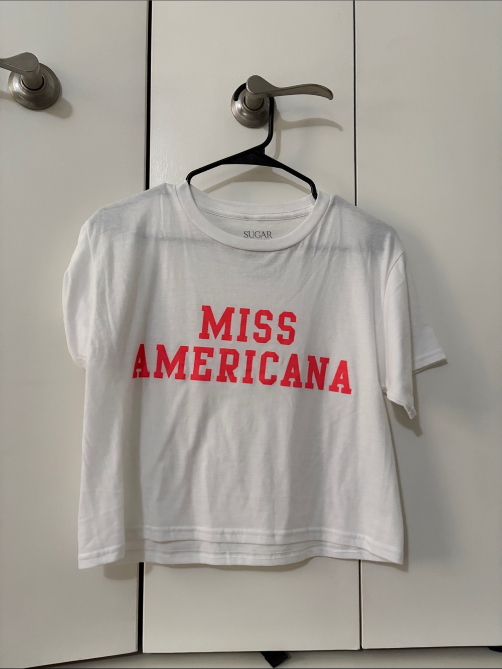White Tee with Bold Red "Miss Americana" Graphic